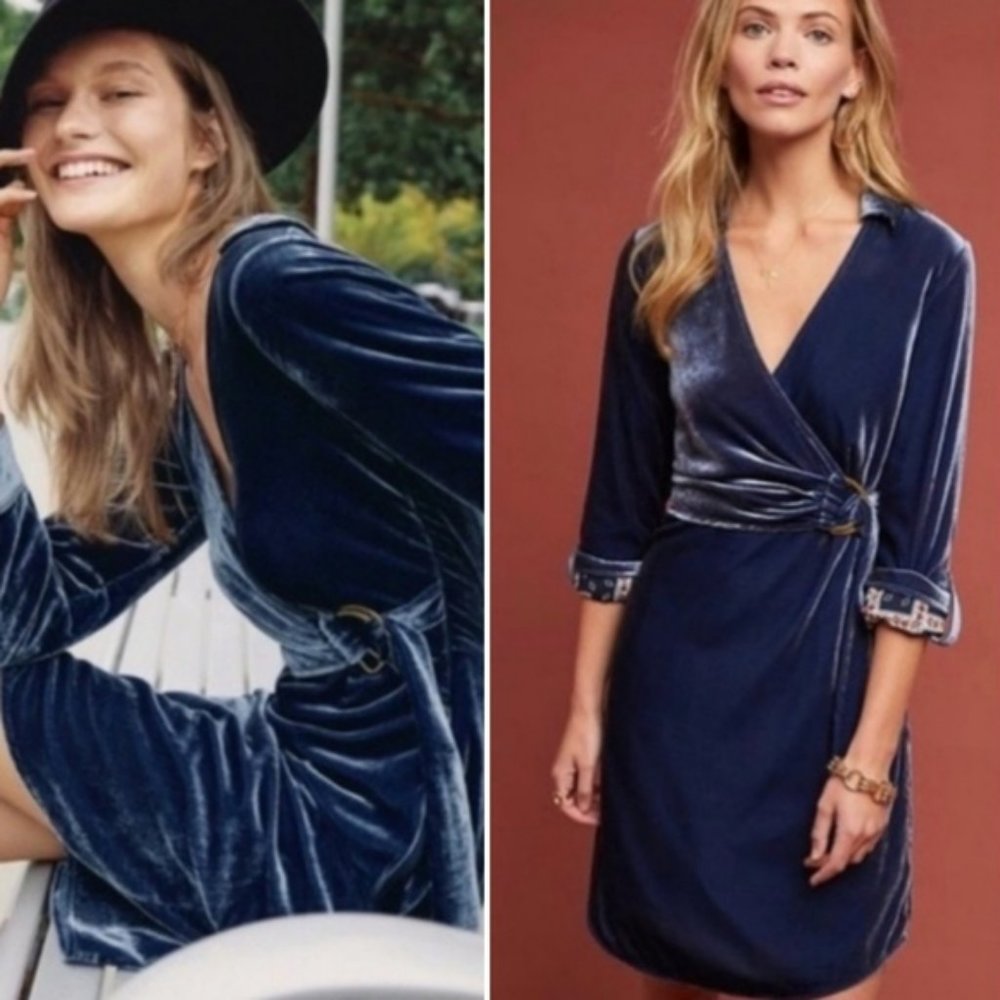 Anthropologie Maeve Velvet Wrap Shirt Dress in blue/purple color Size 4